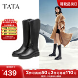 他她（TATA）黑色V口长筒靴女英伦加绒抗寒高筒靴骑士靴冬季G5JA1DG2 黑色（绒里） 36