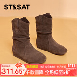 星期六短靴女平底复古休闲显瘦时尚堆堆靴2025秋季新款 深咖色 39 (245mm) 标准码
