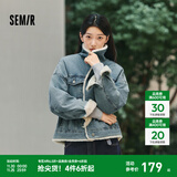 森马（Semir）牛仔外套女拼接仿兔毛翻领宽松潮流港风冬季落肩夹棉夹克复古 牛仔浅黄泥染80331 L