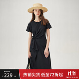 范思蓝恩夏季圆领抽绳褶皱设计感连衣裙女2024夏装新款白色高腰A字裙女 黑色 XS