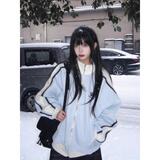 LDBE立领撞色棒球服外套女2026新款秋冬宽松美式学院风夹克开衫卫衣潮 蓝色【春秋薄款】 M 【80-100斤】