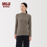 无印良品（MUJI）女式 起毛罗纹编织半高领长袖T恤 上衣打底衫女款内搭春秋女装 炭灰色条纹 M （160/84A）