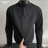 Homlean美式亨利领长袖T恤男款秋冬新款宽松正肩休闲polo衫HB98黑色3XL