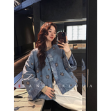 三吉黑花【欣年】新中式短款珠绣羽绒服冬季女款外套巨好看的冬装 雾蓝(雪花钉珠图案) S