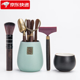 祥业功夫茶具配件茶道六君子套装茶刀茶针茶则茶勺刷喝茶泡茶工具大号 粗陶福锦茶道筒（淡绿）+佛手五件套+茶刮+黑陶素净