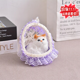 亦趣会叫仿真提篮猫咪毛绒玩具篮子猫玩偶花篮猫女孩儿童生日礼物 吊篮紫色(带花边)黄头猫带叫声