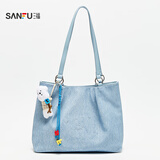 三福挎包女新款包包休闲通勤女包多巴胺大容量单肩包托特包458518 牛仔蓝压印 大