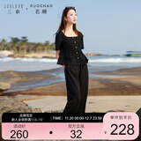 三彩大码女装2025夏季新款仿麻上衣长裤两件套装休闲方领通勤胖MM