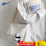 回力新款斜挎包男大容量百搭休闲帆布单肩包潮简约日系旅行学生背包女 米白+白熊猫挂件