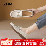 ZHR乐福鞋女春秋真牛皮蝴蝶结单鞋女通勤软底妈妈女鞋 BT37 米色35
