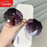 霏扬2023新款无框水晶切边多边形眼镜防晒遮阳墨镜女士复古太阳眼镜女 金框渐变黑灰 墨镜+镜盒+镜布