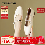 意尔康女鞋玛丽珍羊皮复古小皮鞋春秋平底法式单鞋 27146W 米白色 37