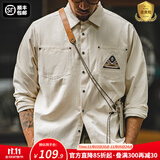 马登工装美式复古长袖衬衫男印第安图腾拼接口袋叠穿纯棉衬衣秋季 米白色 S