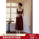 独束大码女装假两件撞色衬衫领连衣裙女秋冬微胖mm文艺复古穿搭裙子 勃艮第红【适合165左右】 L