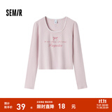森马（Semir）【甜心女高】长袖t恤女短款紧身蕾丝花边上衣24新款甜美印花外穿 粉红60001 M