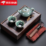 祥业哥窑功夫茶具整套装家用办公室现代简约轻奢中式陶瓷泡茶壶茶杯 哥窑一壶二杯+竹制山外山茶盘-小