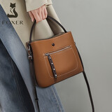 金狐狸（FOXER）头牛皮女士包包女包大容量水桶包手提单肩斜挎包轻奢女友生日礼物