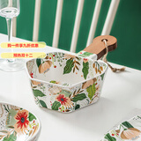 GIOIO欧式七彩云花手柄碗米饭碗创意餐具甜品沙拉碗不规则个性陶瓷盘子 七彩云花-木柄几何碗