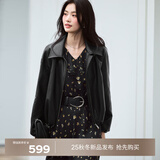 伊芙丽（eifini）蒋欣代言复古风宽松气质皮夹克短外套女新款百搭时髦外套女 黑色 预售 S