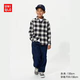 优衣库童装男童女童法兰绒格子衬衫长袖衬衣薄外套上衣新款478132 09 黑色 160