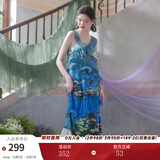 两三事度假超仙的裙子女夏季紫色油画艺术吊带海边连衣裙云雾睡莲 蓝色 S