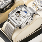 马克华菲（FAIRWHALE）手表男士全自动机械表日月星辰时尚小方块男表防水国潮流腕表礼物 银壳白面网带