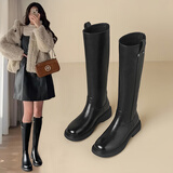 ZHR长筒靴女秋不过膝新疆西部骑士靴平底皮带扣显瘦靴子女FK28黑色37