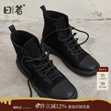 日着原创设计师品牌女鞋冬季新款黑色平底绑带女式加绒短靴马丁靴女 黑色加绒 36