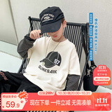 左西男童长袖T恤2025秋季儿童条纹假两件印花上衣打底衫潮 米白 110
