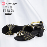 艾舞戈 少儿拉丁舞鞋女童成人中跟广场舞演出儿童跳舞鞋软底练功鞋 黑+金-打结款 37