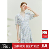 范思蓝恩23FS12521茶歇法式雪纺碎花连衣裙女夏V领海边度假长裙子 白底紫花 M