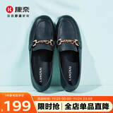 康奈春秋女士牛皮单鞋时尚浅口圆头套脚百搭乐福鞋 18296021 黑色 35