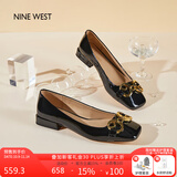 NINE WEST/玖熙低跟单鞋牛漆皮浅口方头金属饰扣工作女鞋NF445006FK 黑色37