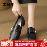 ZHR单鞋女复古方头珍珠扣乐福鞋女粗跟增高两穿显瘦女鞋 K170黑色 38