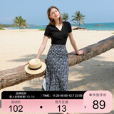 三彩2025夏季新款碎花半身裙高腰开叉雪纺A字裙浪漫长裙清新M