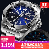 野狼全自动机械表男士军防水正品氚气夜光蓝緑水鬼潜水钢带手表V1019 本色蓝盘钢带款-蓝光