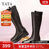 他她（TATA）厚底长筒靴女靴英伦加绒保暖骑士靴高筒靴秋冬新WXK02DG3 黑色（绒里） 38