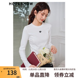 红袖字母绣正肩长袖T恤春秋季新款女装圆领别致小众显瘦百搭打底上衣 本白001 M