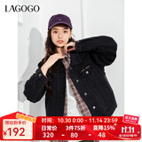 LAGOGO黑色翻领牛仔短外套女拉谷谷春秋新款休闲显瘦通勤绣花上衣 牛仔黑(W0) XL