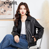 凯撒（KAISER）凯撒皮衣女真皮翻领收腰小羊皮单皮外套秋季皮夹克女装黑色M