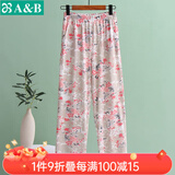 AB睡裤女春夏纯棉印花吸汗宽松透气休闲全棉女薄款高腰长裤家居裤 红牡丹 2XL