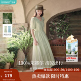 茵曼（INMAN）法式薄荷曼波连衣裙2024夏女装新品V领灯笼袖抽绳 水沫绿 L
