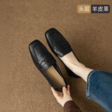 ZHR则则头层羊皮革乐福鞋女粗高跟单鞋女通勤工作小皮鞋套脚女鞋2026新款