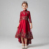 小咔衣浓儿童礼服公主裙花童婚纱小主持人女童钢琴演奏演出服汉服大童秋冬 酒红色前短后长089-B6 150