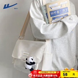 回力新款斜挎包男大容量百搭休闲帆布单肩包潮简约日系旅行学生背包女 米白+白熊猫挂件