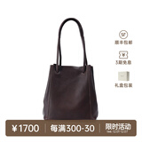 裘真008水桶包女斜挎通勤大容量真皮复古小众植鞣牛皮包包 咖啡色-小号