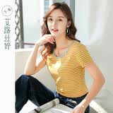 艾路丝婷条纹短袖T恤女装夏装新款韩版显瘦上衣圆领体恤31008 黄白条纹 M