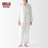 无印良品（MUJI） 女式 无侧缝双层纱织睡衣女士家居服春秋纯棉条纹格纹长袖 女款 米白色 M (上装160/84A下装160/66A)