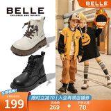 百丽童鞋女童马丁靴秋季新款单靴男童英伦风短靴子儿童百搭皮靴高帮 曜石黑-加绒DE4058 27