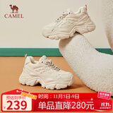 骆驼（CAMEL）老爹鞋女网布皮面拼接双系带厚底休闲鞋 L24S283079 杏色 40
